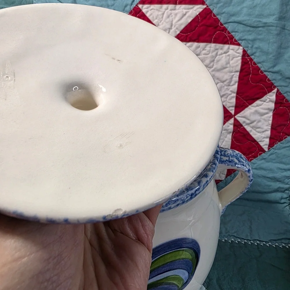 Cookie Jar Kitchenware Large White Blue Rooster Country Farmhouse Crock-Lid Chip
